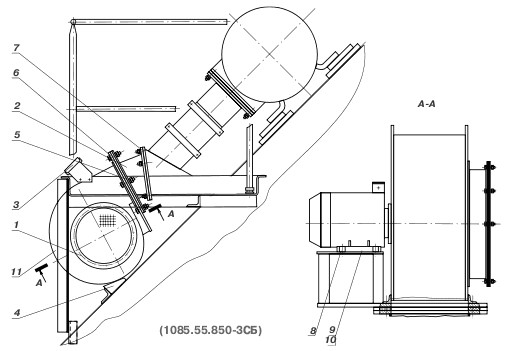 вентилятор 1085.55.850-3, патрубок 1085.55.870, брус 1085.55.809, клин 1085.55.811, пластина 1085.55.851, плита 1085.55.852